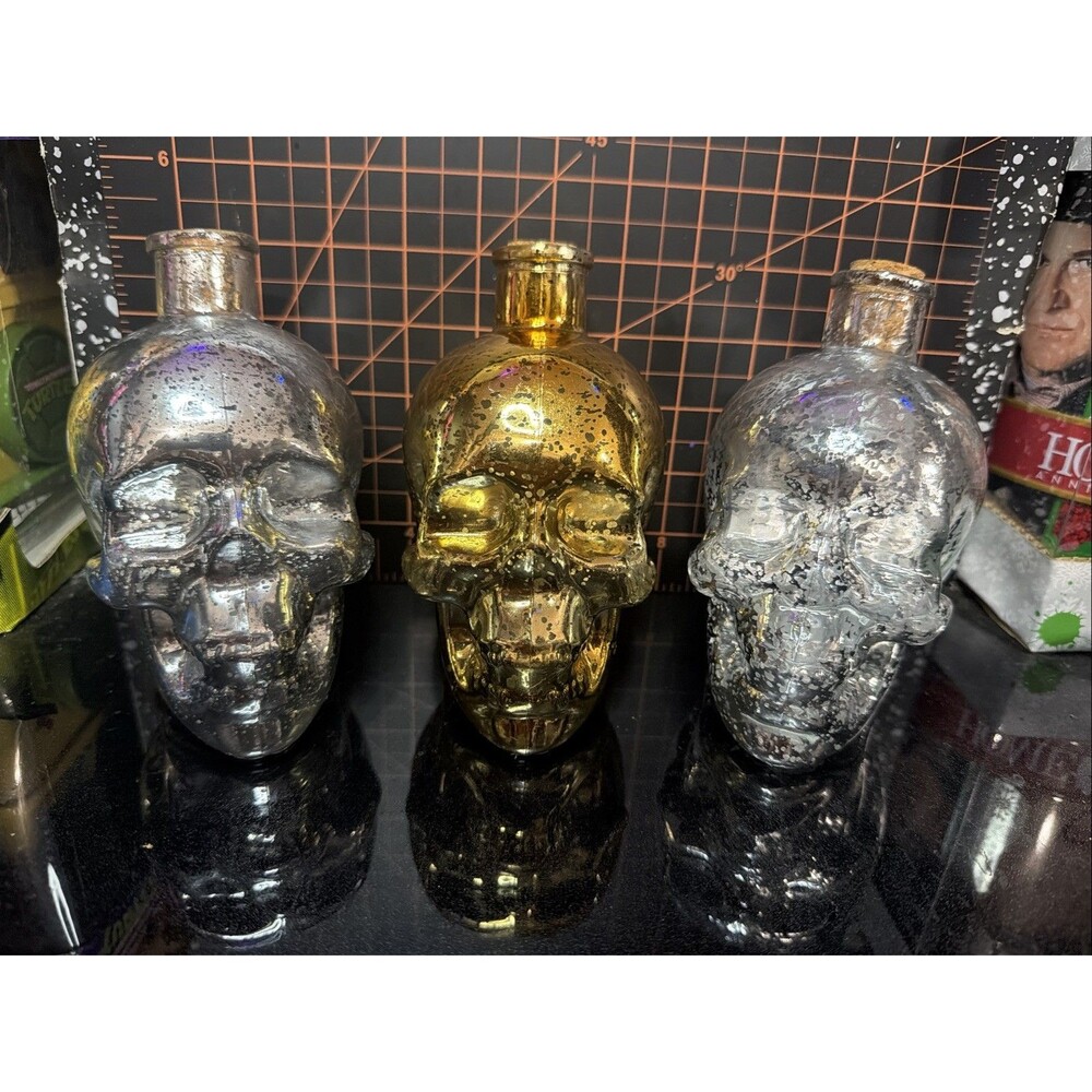 Holiday Style Skull Bottles Mercury Glass Halloween Decor Silver Gold Lot of 3